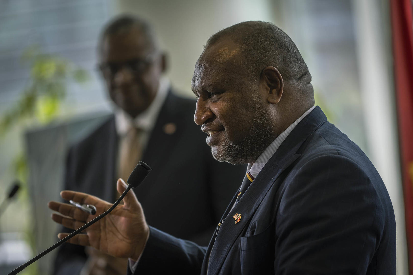 Papua New Guinea’s prime minister, James Marape, meets reporters last year with U.S. Defense Secretary Lloyd Austin, one of several top U.S. officials to visit amid a growing U.S. focus on the country. (Chad J. McNeeley/Defense Department)