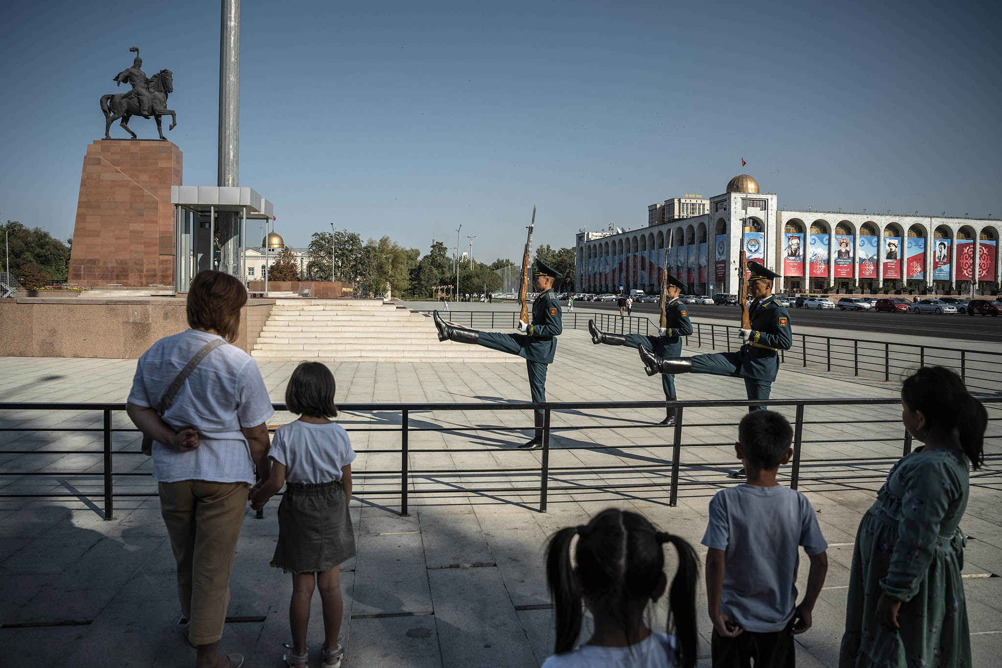Visitors watch at the World War II memorial in central Bishkek, Kyrgyzstan, Sept. 26, 2022. With Russia distracted in Ukraine, Central Asian leaders are looking for a reliable partner to help ensure domestic stability. (Sergey Ponomarev/The New York Times)