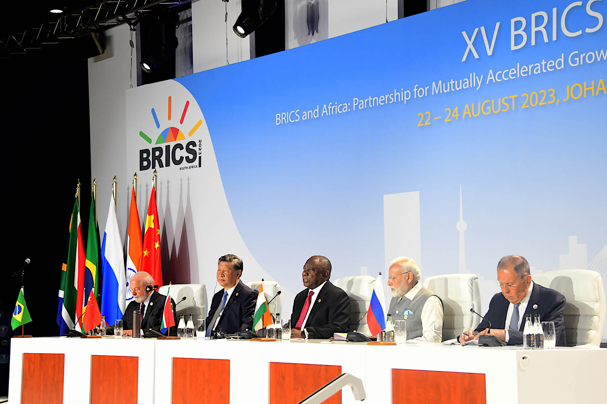 Leaders representing the five-nation BRICS bloc on stage at the group’s summit in Johannesburg, South Africa. August 24, 2023. (Government of South Africa/Flickr)