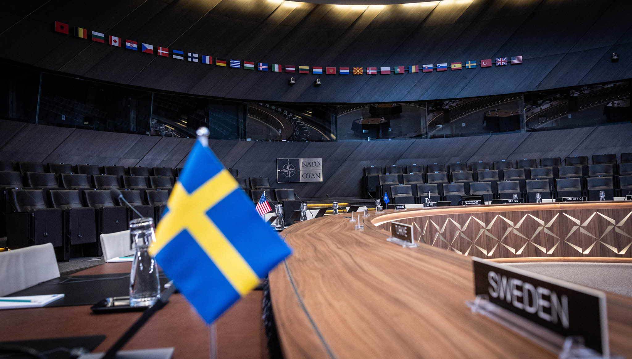 Sweden’s flag is installed at NATO’s headquarters in Brussels on March 11. (NATO)