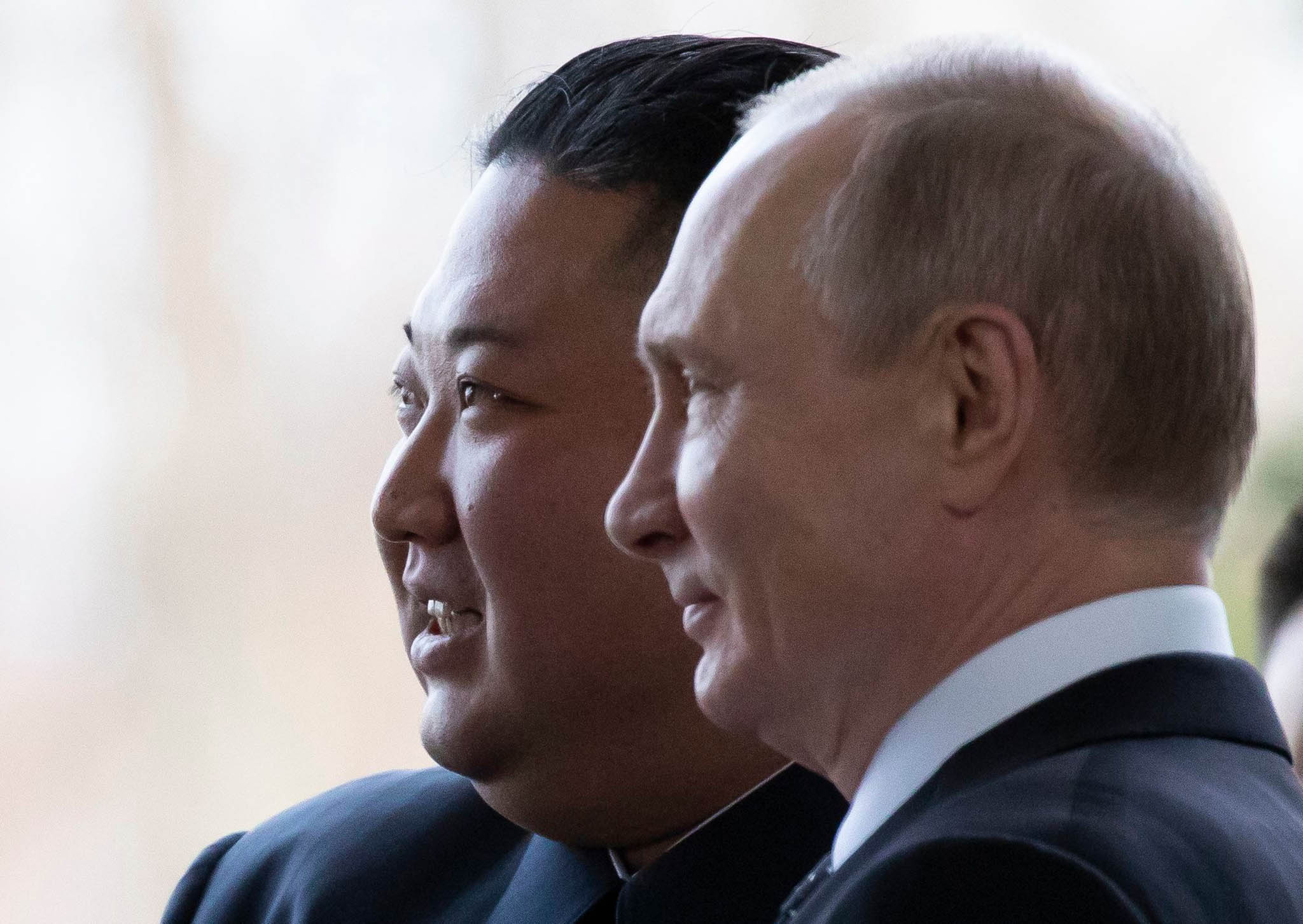 Russian President Vladimir Putin, right, and North Korea’s leader, Kim Jong Un, pose for photos before talks in Vladivostok, Russia, April 25, 2019. The two met more recently in September 2023. (Alexander Zemlianichenko/Pool via The New York Times)