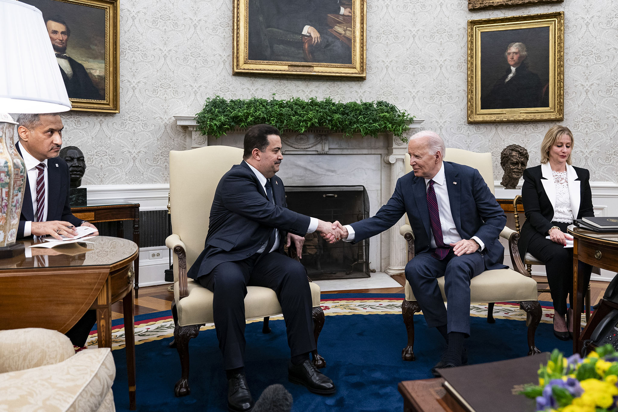 President Joe Biden and Iraqi Prime Minister Mohammed Shia al-Sudani meet in the Oval Office of the White House in Washington, Monday, April 15, 2024. (Al Drago/The New York Times)