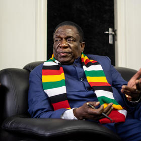 Zimbabwe’s President Emmerson Mnangagwa, at his office in Harare in 2019, dismisses assertions by Zimbabwean and international human rights organizations that he has sustained the state’s historic pattern of abuses. (Zinyange Auntony/The New York Times)