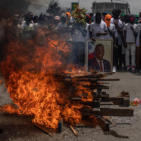 Gang members at a protest after the assassination of Haitian President Jovenel Moïse, in Port-au-Prince, July 26, 2021. (Victor Moriyama/The New York Times)