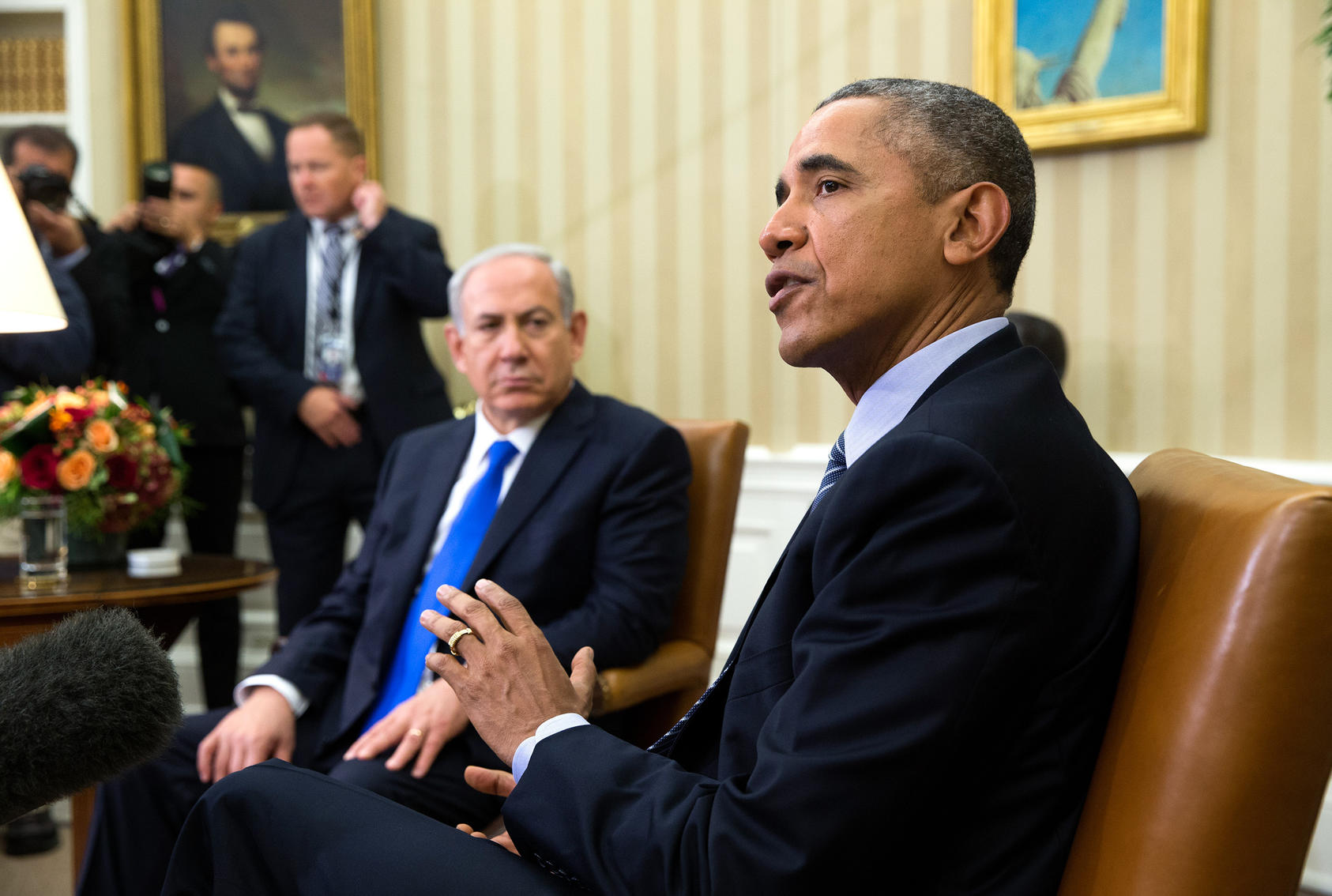 President Barack Obama speaks to reporters as Israeli Prime Minister Benjamin Netanyahu looks on during a bilateral meeting in the Oval Office of the White House, in Washington, Nov. 9, 2015. After months of long-distance jousting over the Iran nuclear deal, Obama and Netanyahu met Monday for the first time in more than a year to try and put their feuding behind them