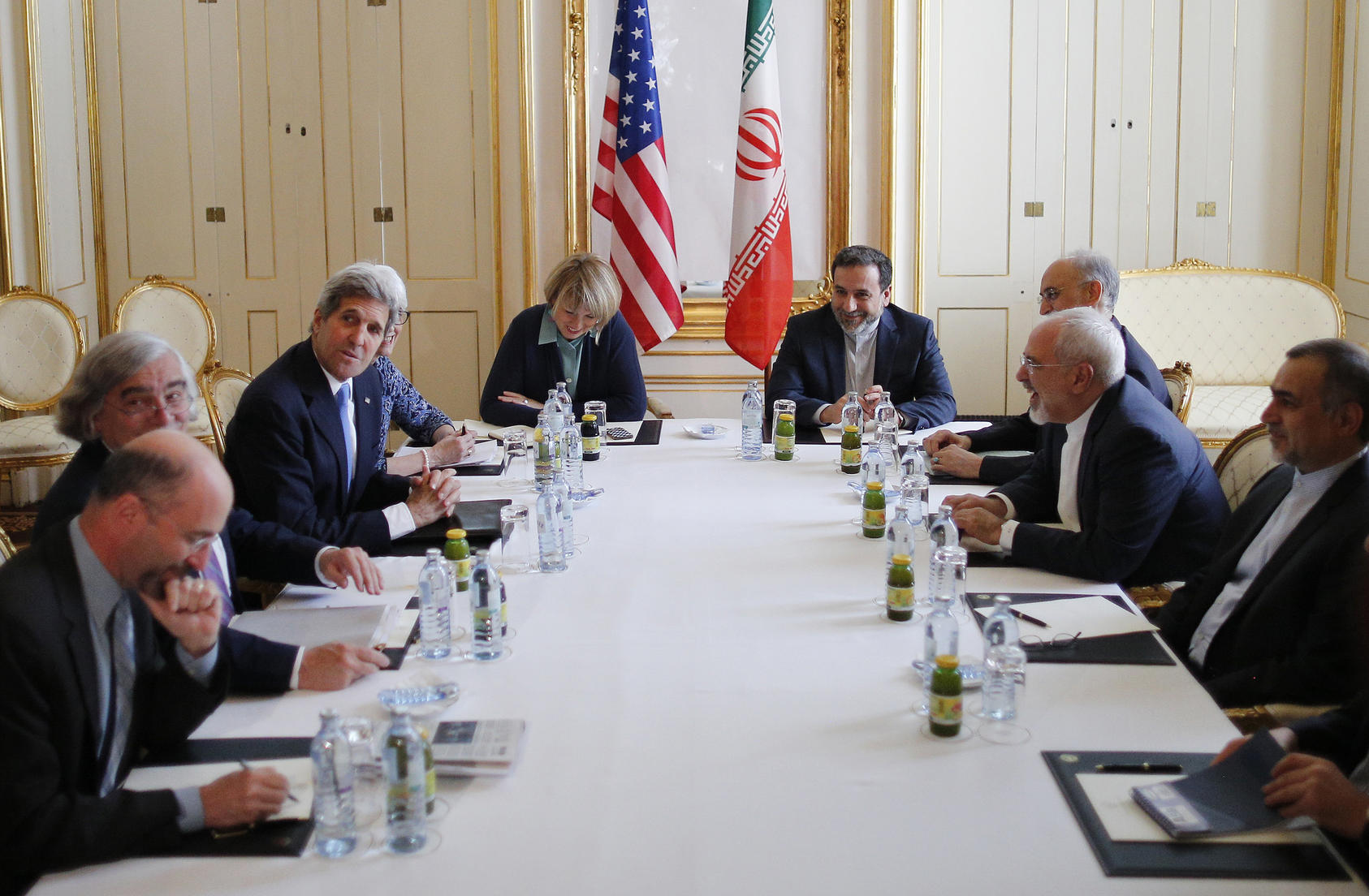 Secretary of State John Kerry, third left, and Iranian Foreign Minister Mohammad Javad Zarif, second right, during a meeting in Vienna, July 1, 2015. While negotiators in Vienna continued high-level talks aimed at reaching a comprehensive accord in Iran’s nuclear program before the recently extended deadline of July 7 Wednesday, it was announced Iranian President Hassan Rouhani will meet with the head of the International Atomic Energy Agency on Thursday in an effort to resolve differences over the inspecti