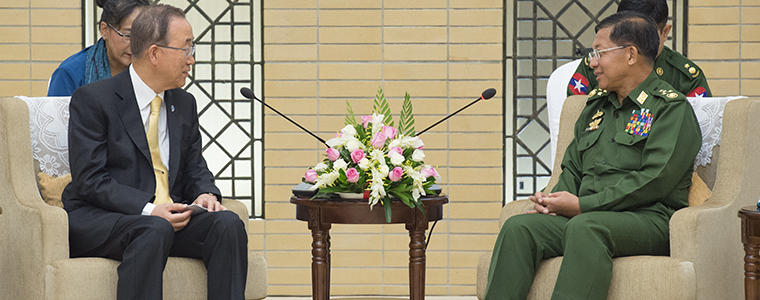 Secretary-General Ban Ki-moon (left) meets with Senior General Min Aung Hlaing, Commander-in-Chief of the Myanmar Armed Forces. Photo Courtesy of U.N. Photo/Eskinder Debebe