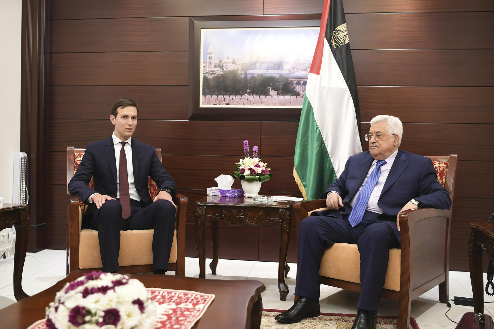 In a handout photo, Jared Kushner, left, President Donald Trump’s senior adviser, meets with President Mahmoud Abbas of the Palestinian Authority in Ramallah, West Bank, Aug. 24, 2017. 