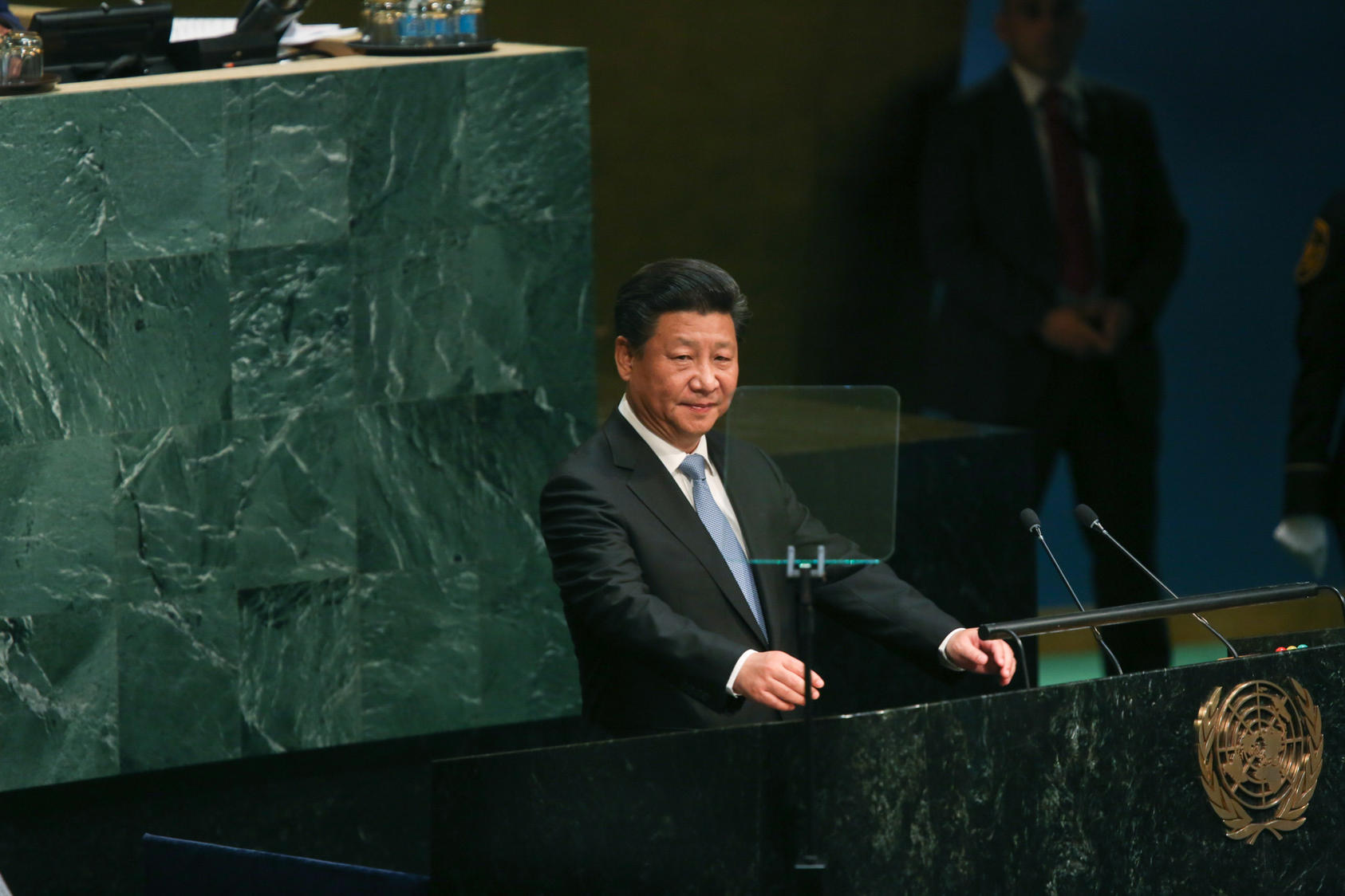 Chinese President Xi Jinping addresses the United Nations General Assembly on its opening day, Sept. 28, 2015. 