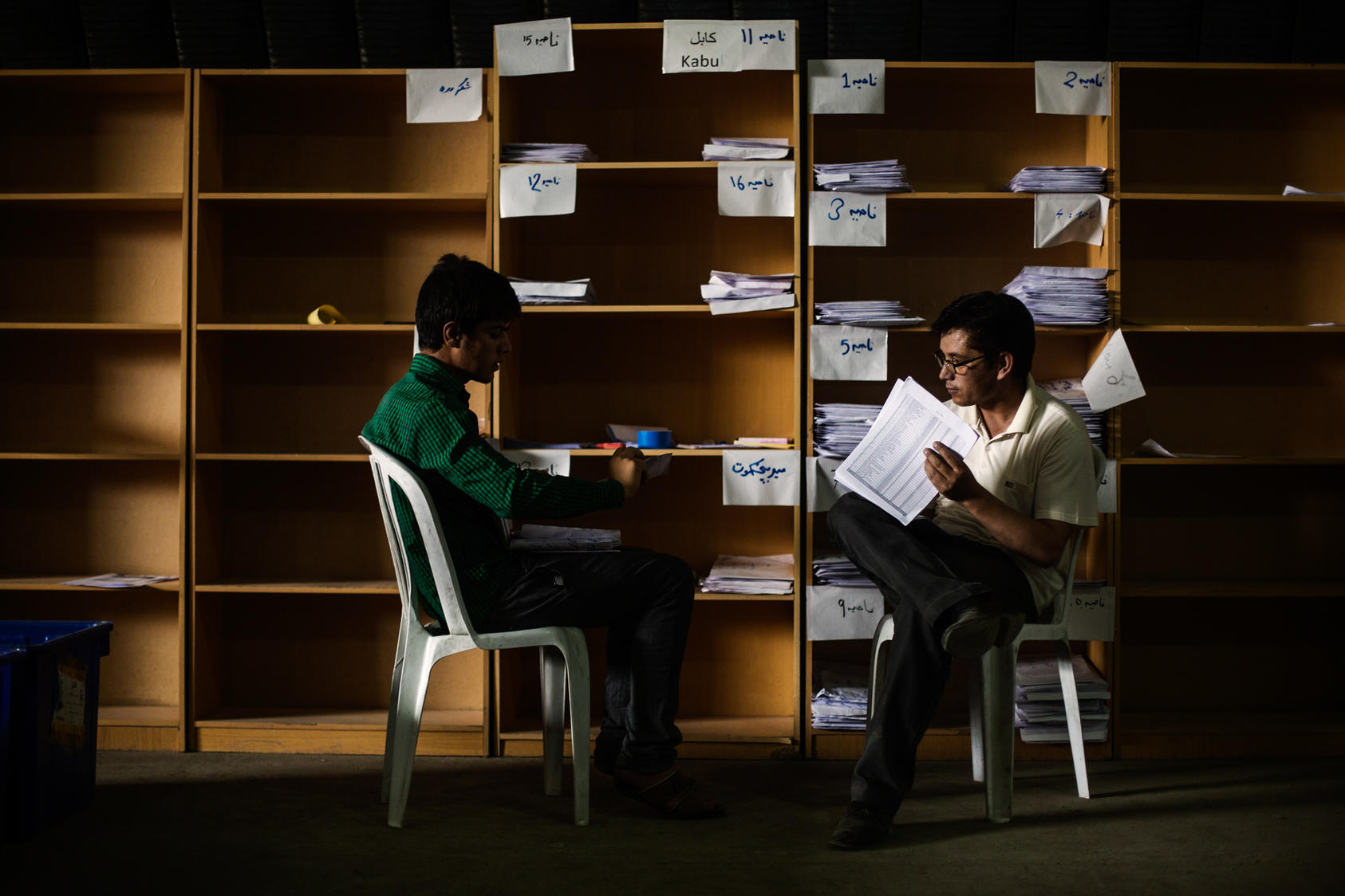 Independent Election Commission workers audit ballots from the disputed presidential runoff, in Kabul, Afghanistan, July 17, 2014. United Nations officials and international diplomats are monitoring the process, as well as representatives of the two candidates, Ashraf Ghani and Abdullah Abdullah. (Diego Ibarra Sanchez/The New York Times)