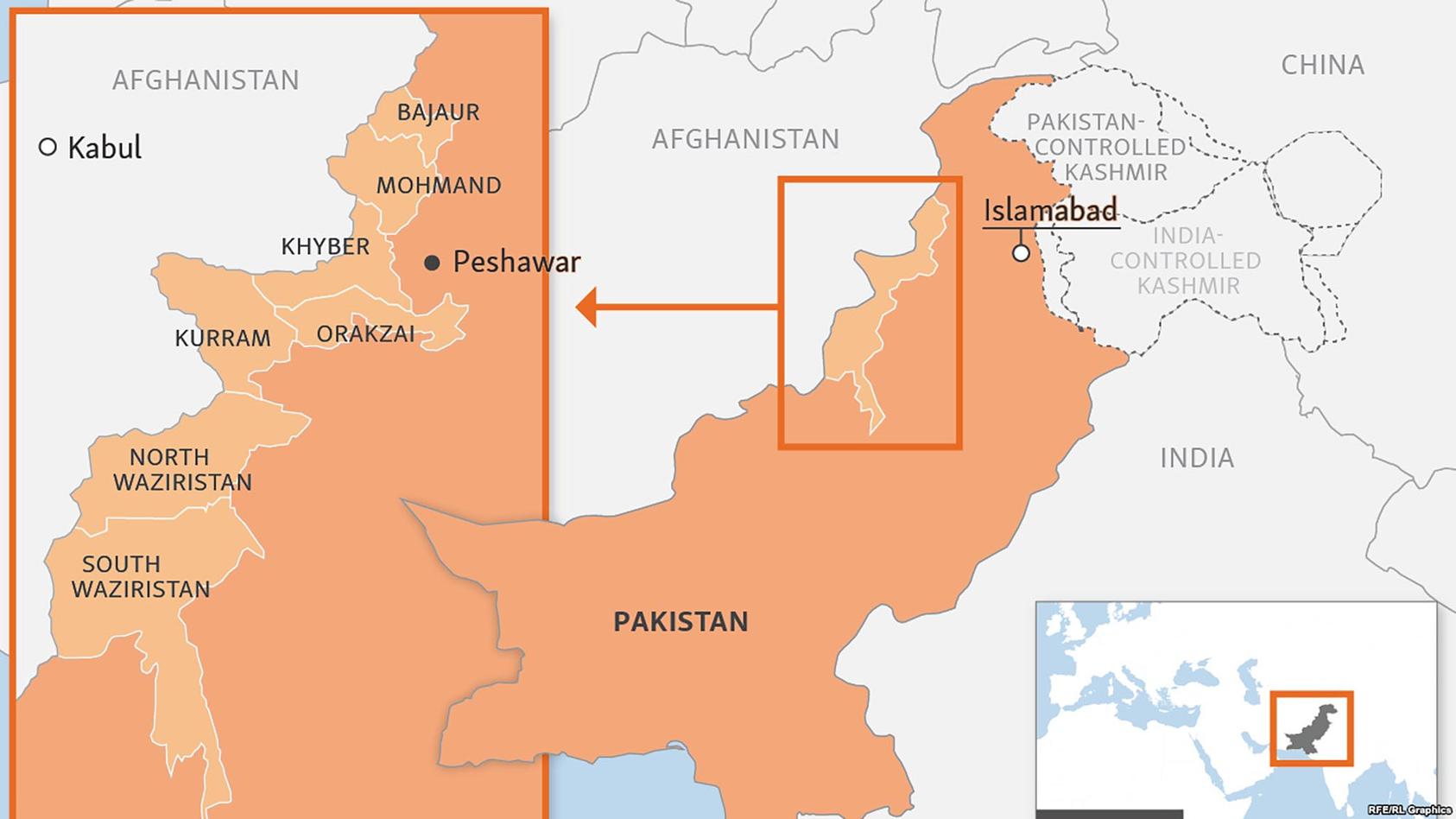 A map of Pakistan’s FATA region (in light orange) comprises eight tribal “agencies,” or districts, on the border with Afghanistan. FATA has long been a haven for Taliban and al-Qaeda militants who conduct attacks in Pakistan and Afghanistan. (RFE-RL)