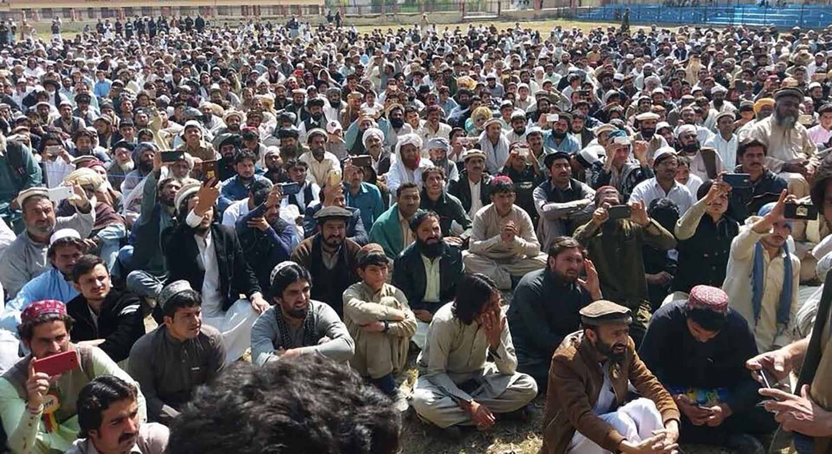 In March, hundreds of Pashtun men attended a protest at the North Waziristan town of Mir Ali, one of dozens of rallies since January. (RFE-RL)