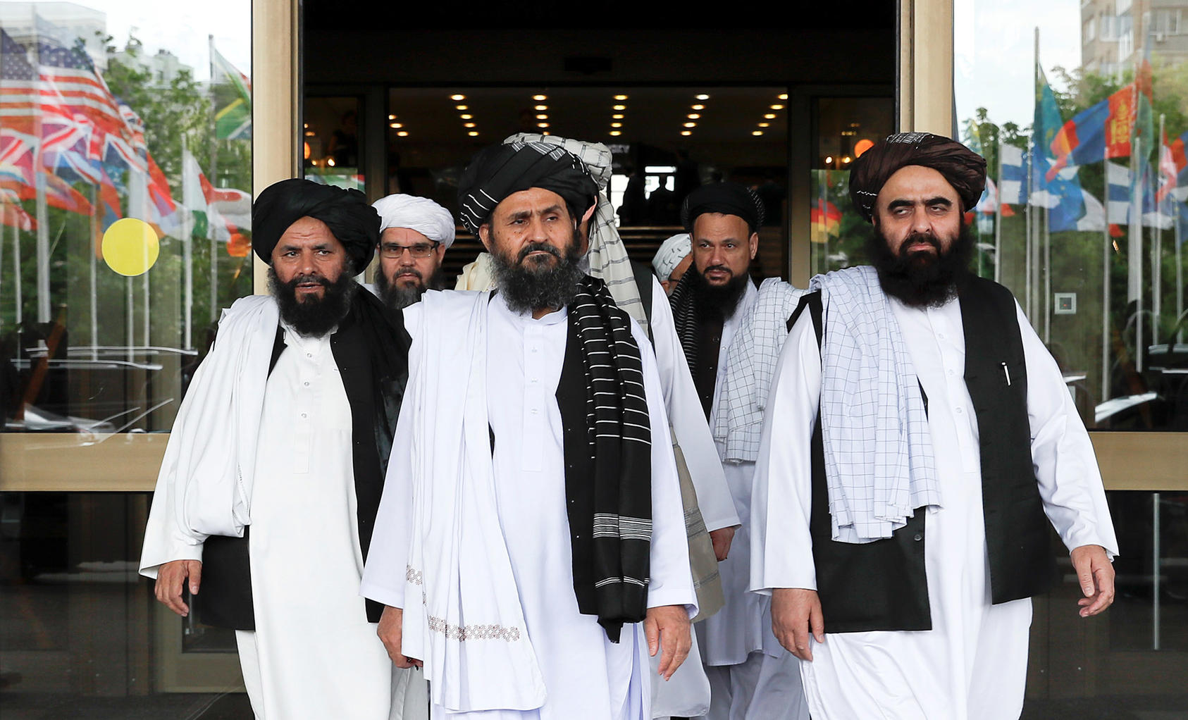 Members of a Taliban delegation, led by chief negotiator Mullah Abdul Ghani Baradar, after peace talks with senior Afghan politicians in Moscow on May 30, 2019. (Evgenia Novozhenina/Reuters)