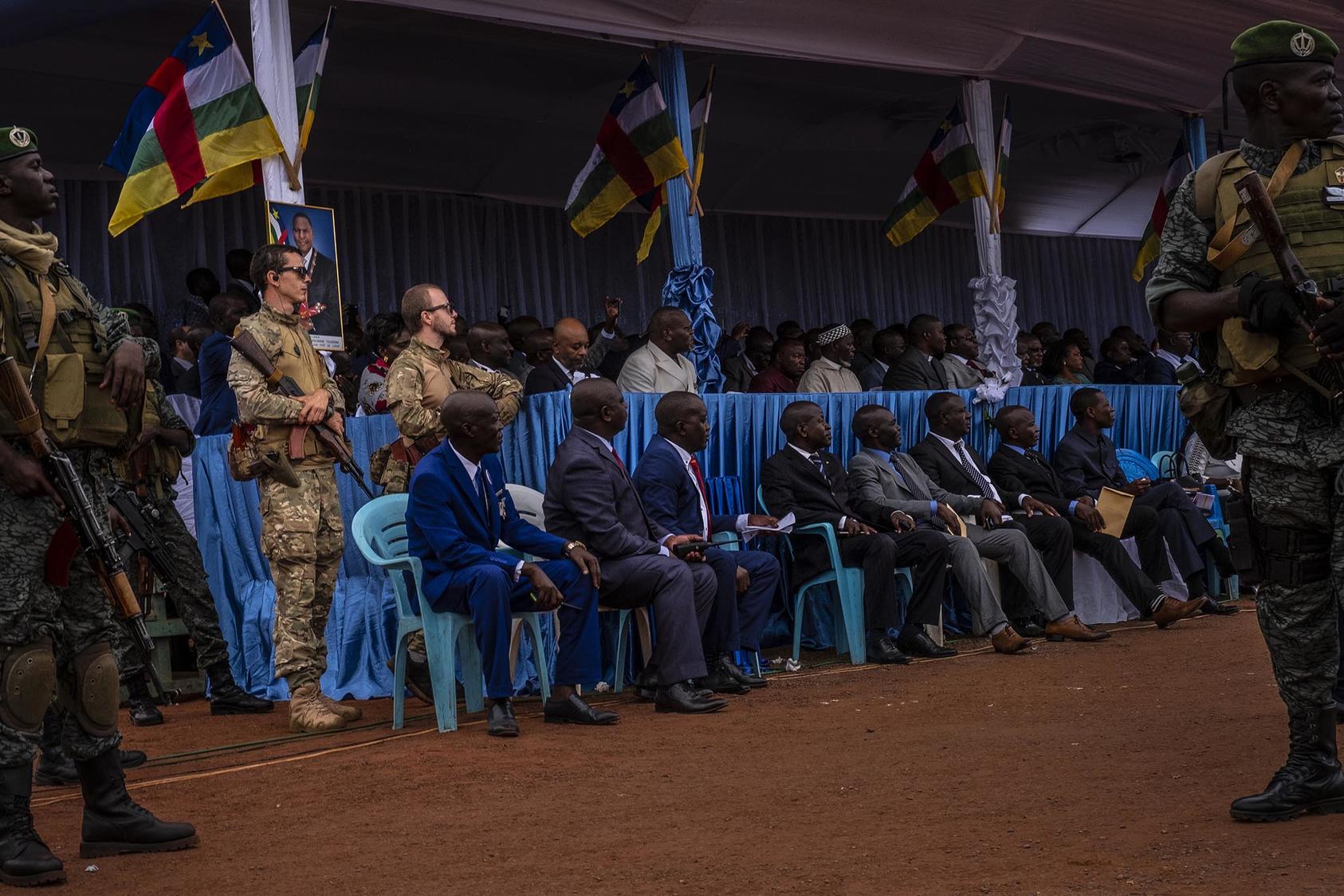 Russian mercenaries guard the president and other government officials during May Day celebrations in Bangui, Central African Republic, May 1, 2019. (Ashley Gilbertson/The New York Times)
