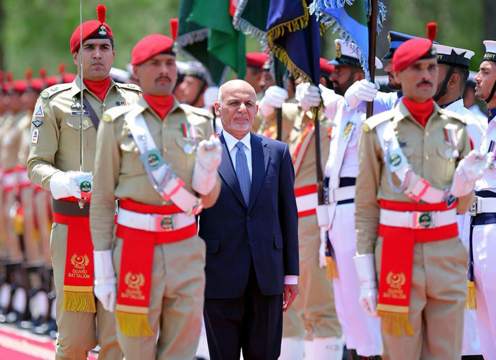 Afghan President Ashraf Ghani arrives in Islamabad on June 27, 2019, for a meeting with Pakistani Prime Minister Imran Khan. (Press Information Department via AP)