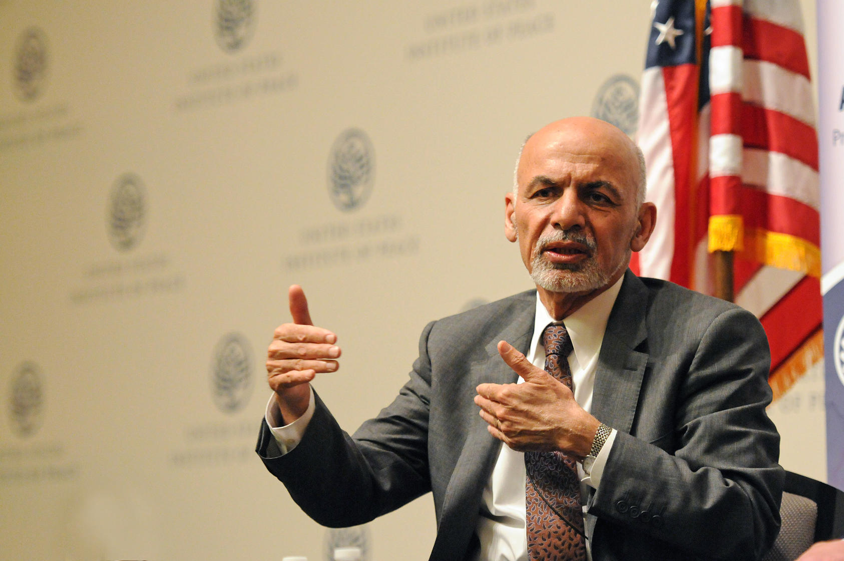 Afghan President Ashraf Ghani, shown speaking at USIP in 2015, announced new Taliban prisoner releases and laid out his vision for Afghanistan’s peace process. He spoke in an online discussion from Kabul that was broadcast nationally in Afghanistan.