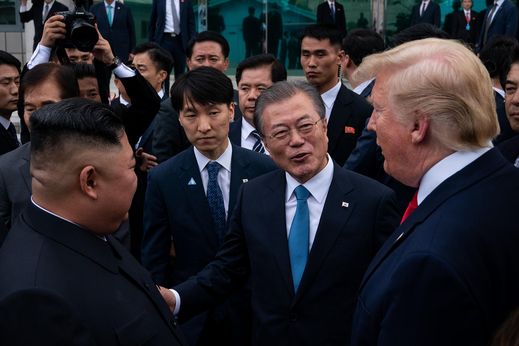 North Korea’s Kim Jong Un, South Korean President Moon Jae-in and President Donald Trump met at the Korean demilitarized zone in June 2019. North Korea is showing frustration at not winning its goals through diplomacy. (Erin Schaff/The New York Times)