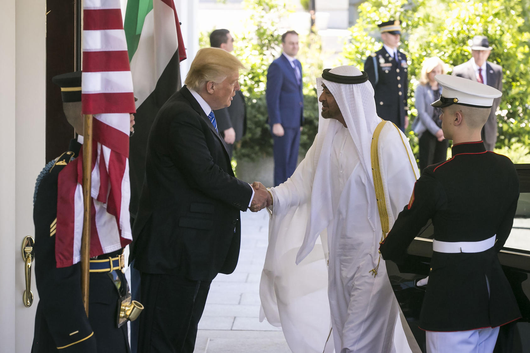 President Trump greets Emirati Prince Mohammed bin Zayed at the White House. May 15, 2017. (Al Drago/New York Times)