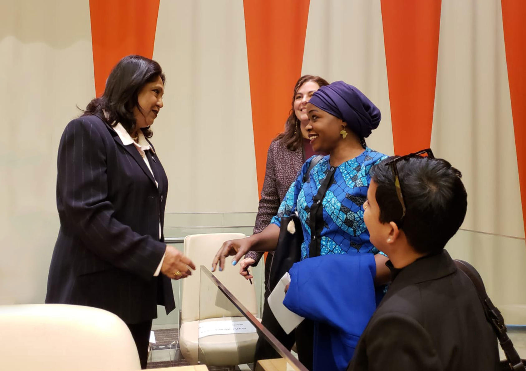 Rita Lopidia meets Pramila Patten, left, a representative of the U.N. secretary general, at the United Nations in 2018, when both women briefed the U.N. Security Council on the widespread atrocities of sexual violence amid warfare