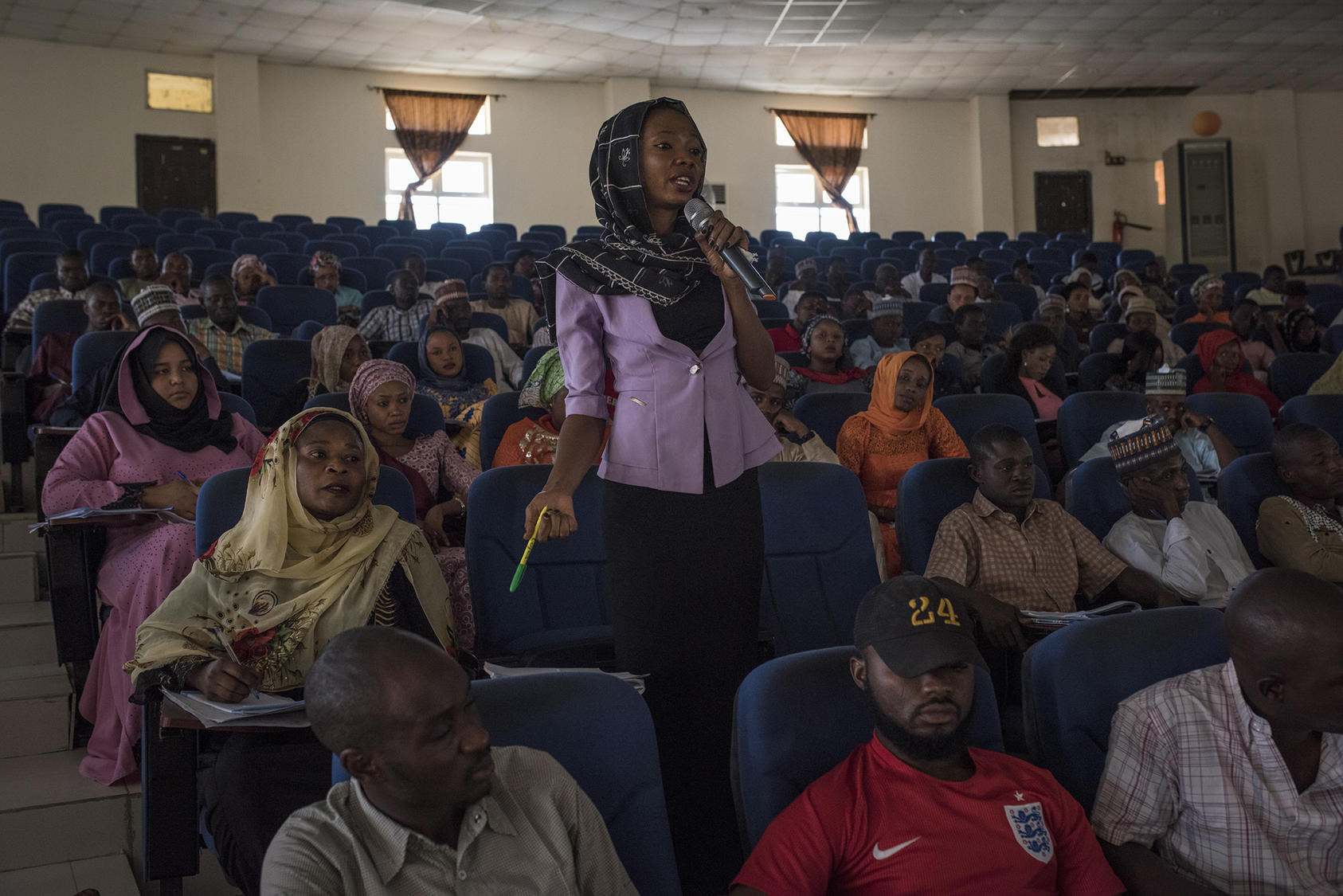 A student participates in a discussion during a gender ethics class at the University of Maiduguri, in Nigeria, Dec. 2, 2017. (Adam Ferguson/The New York Times)