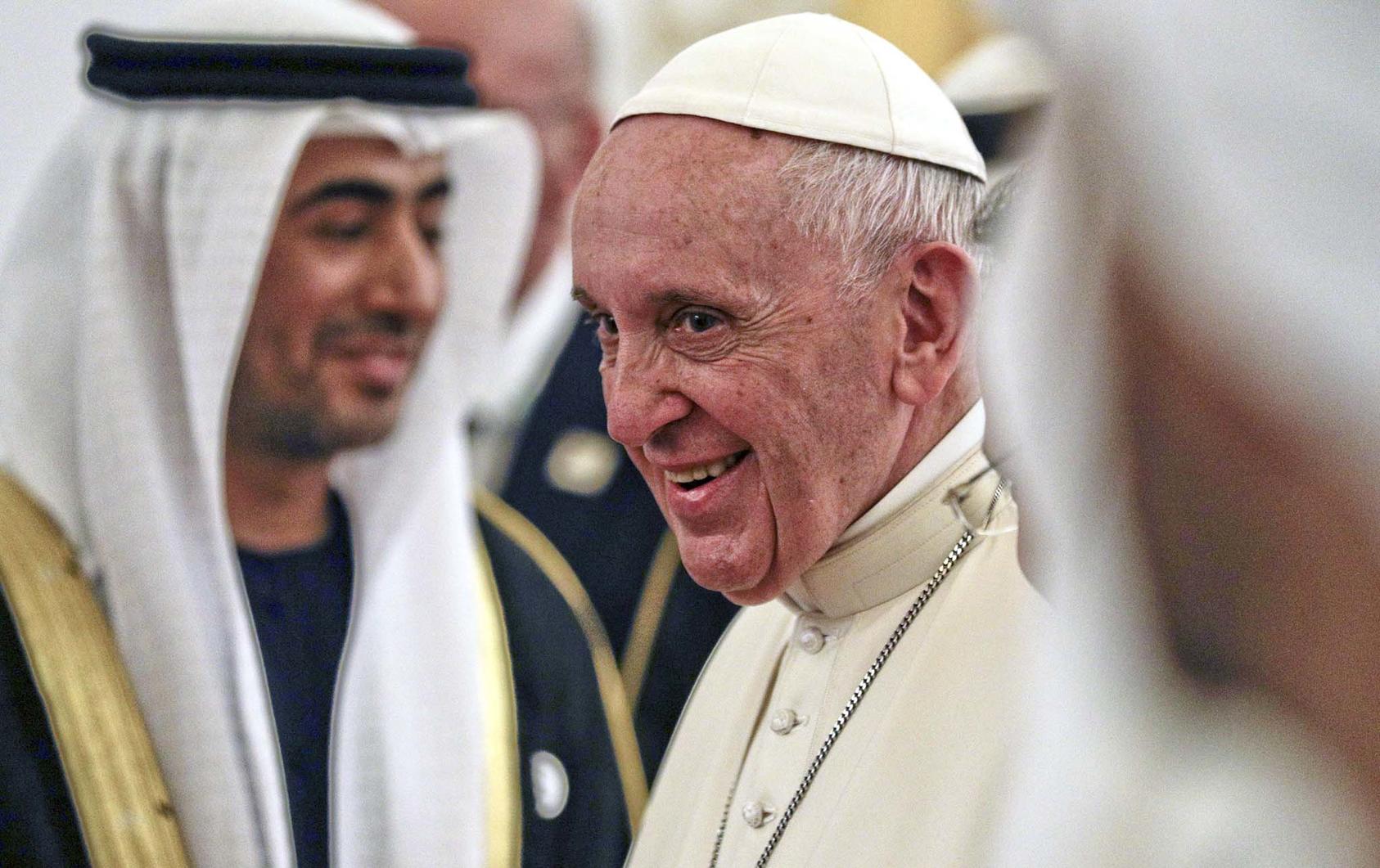Pope Francis arrives at the airport in Abu Dhabi, United Arab Emirates, Feb. 3, 2019. (Andrew Medichini/Pool via The New York Times)