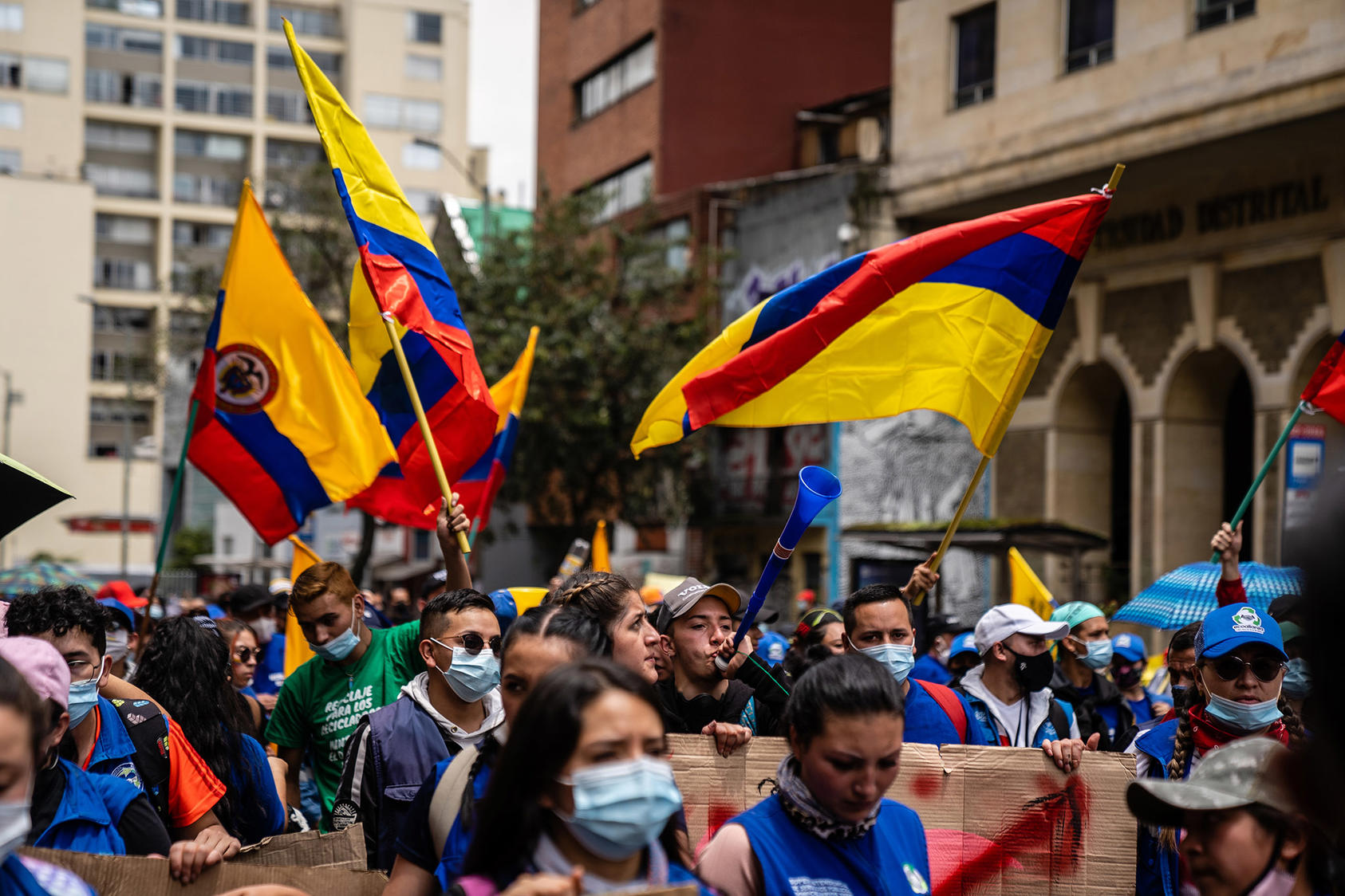 People march to protest the government in Bogota, Colombia, Wednesday, May 5, 2021. (Federico Rios/The New York Times)