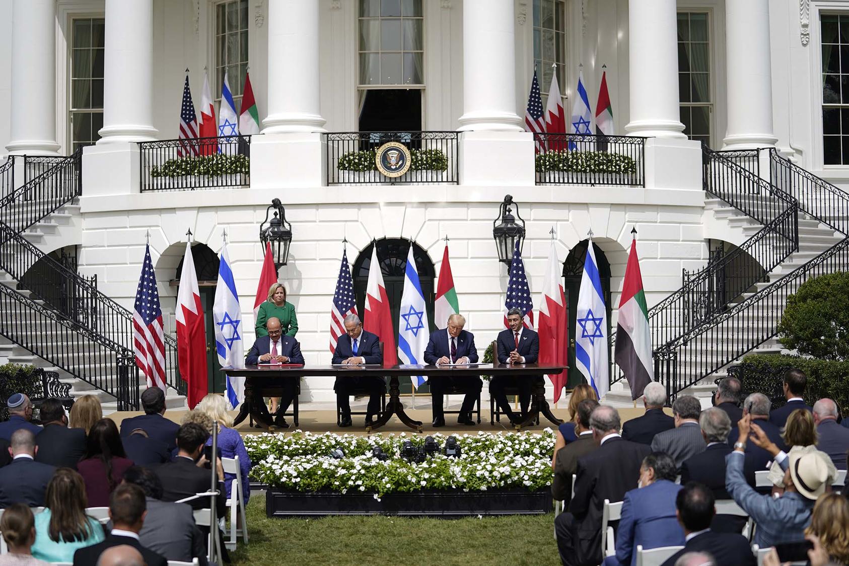 Representatives from Bahrain, Israel and the United Arab Emirates with President Trump during a signing ceremony for normalization agreements between Israel and the Arab states, Sept. 15, 2020. (Doug Mills/The New York Times)