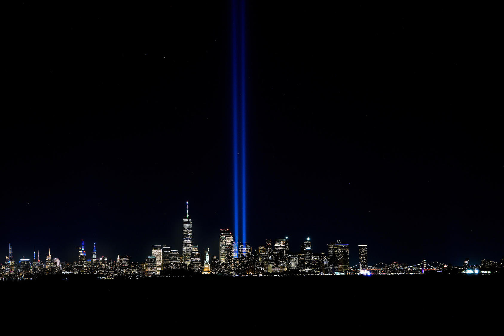 The Tribute In Light shines up from Lower Manhattan on the 20th anniversary of the 9/11 terror attacks on September 11, 2021 in New York City. (Chip Somodevilla/New York Times/Getty Images)