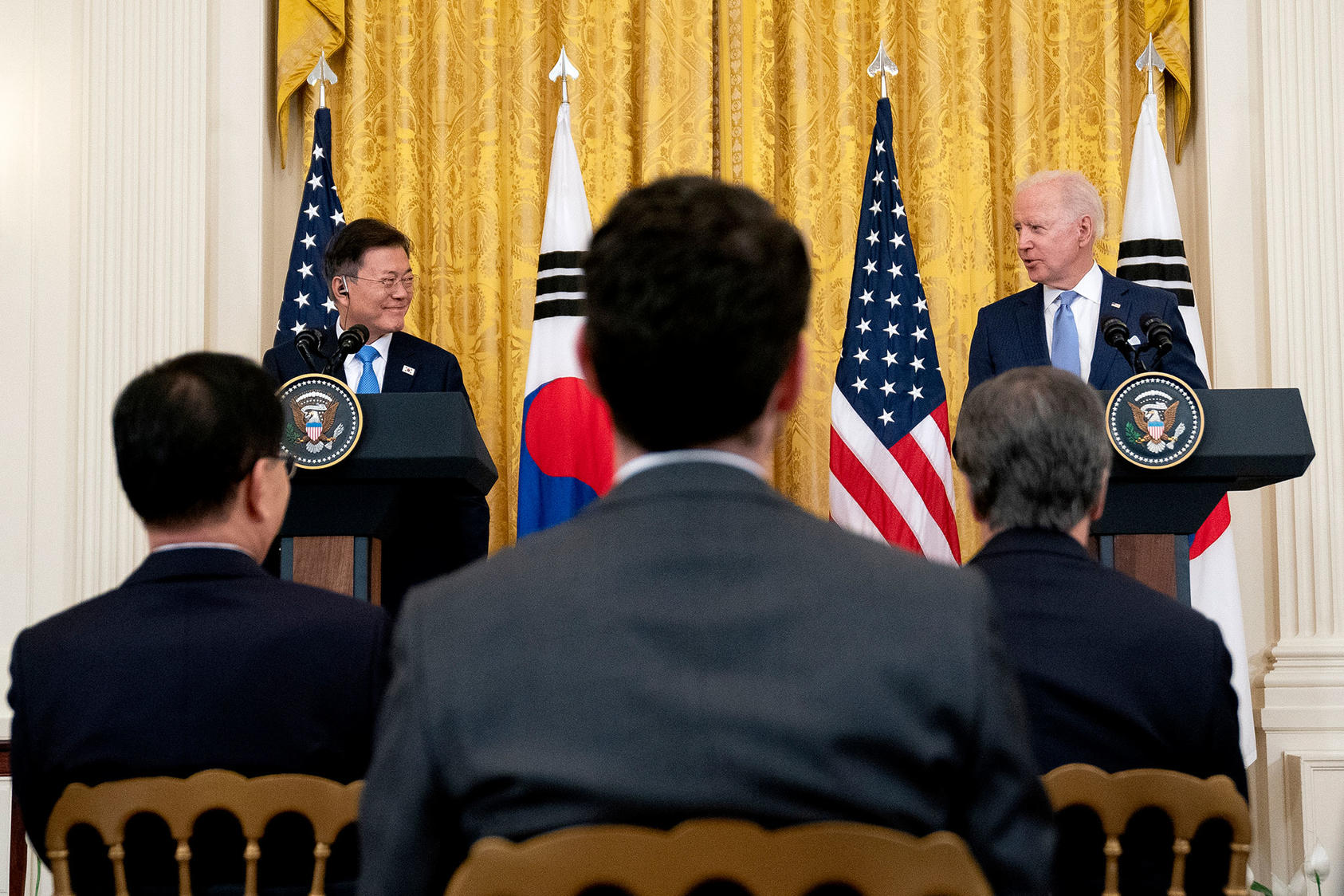 U.S. President Joe Biden and South Korean President Moon Jae-in during a joint press conference at the White House in Washington on Friday, May 21, 2021. (Stefani Reynolds/The New York Times)