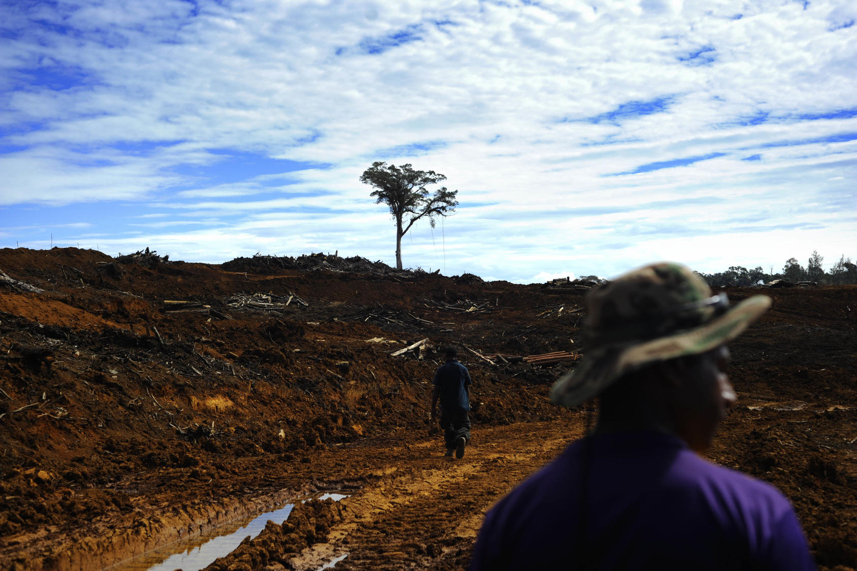 Men walk through land cleared by ExxonMobil for an airfield in Komo, Papua New Guinea, on Sept. 20, 2010. (Jes Aznar/The New York Times)