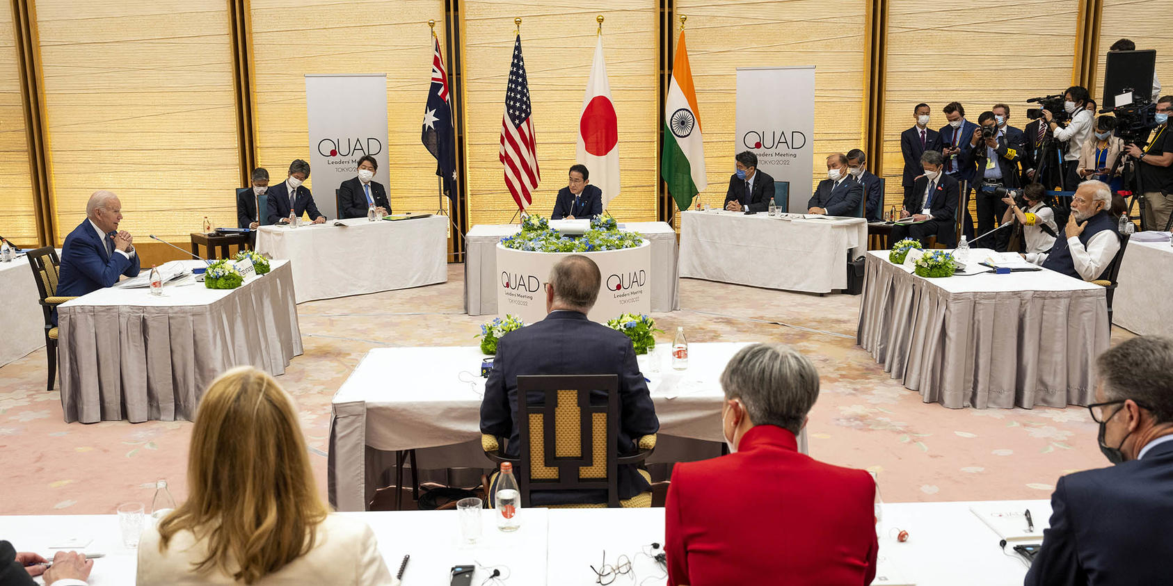President Biden meets with Prime Minister Kishida of Japan, center; Prime Minister Modi of India, right; and Prime Minister Albanese of Australia, center, during a Quad leaders meeting in Tokyo, May 24, 2022. (Doug Mills/The New York Times)