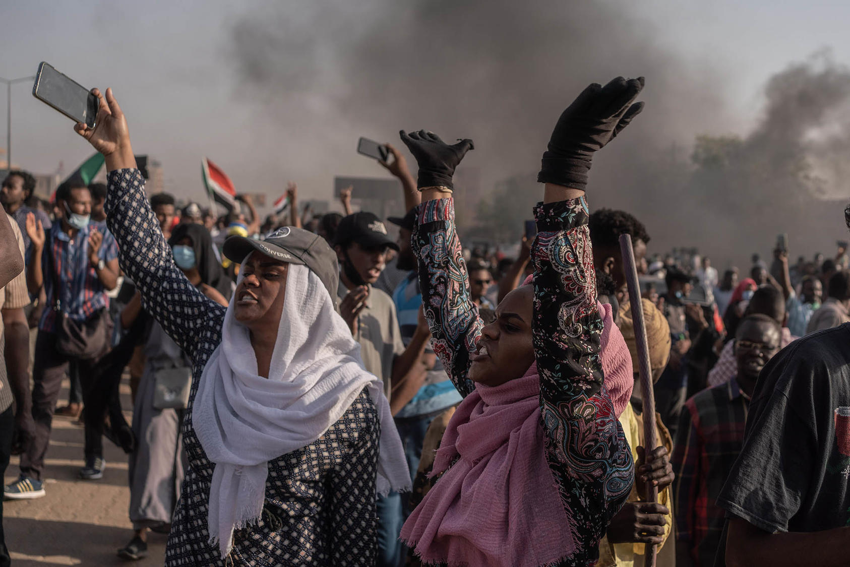 Demonstrators in Khartoum, Sudan mark the third anniversary of autocrat Omar al-Bashir’s ouster, April 6, 2022. Over the last eight months, at least 111 Sudanese have been killed in a military crackdown on protests. (Abdulmonam Eassa/The New York Times)