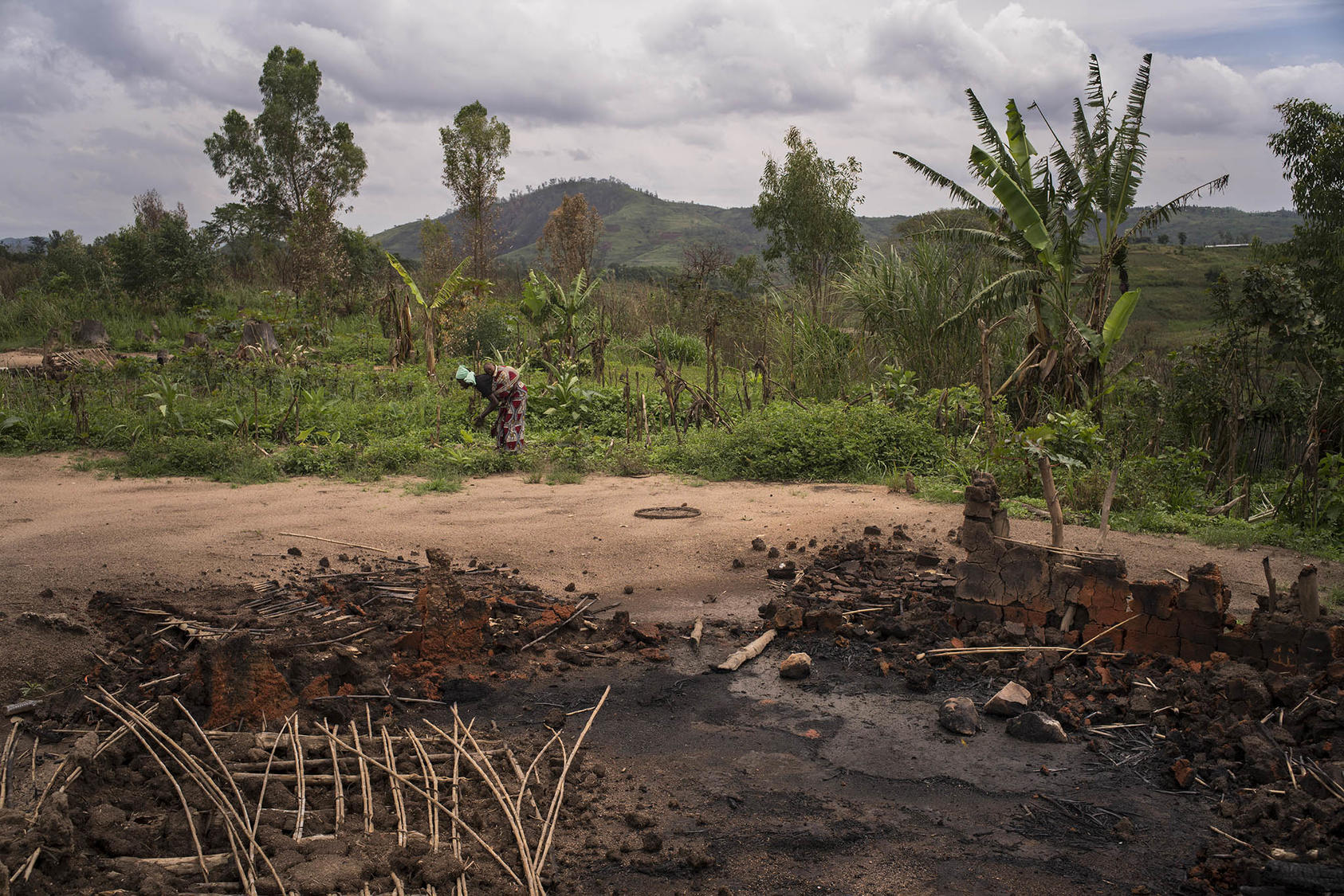 A woman salvages crops beside ruins of her home, burned in a 2018 surge of the conflicts in eastern Democratic Republic of Congo. Decades of warfare complicates environmental protection in the region. (Diana Zeyneb Alhindawi/The New York Times)