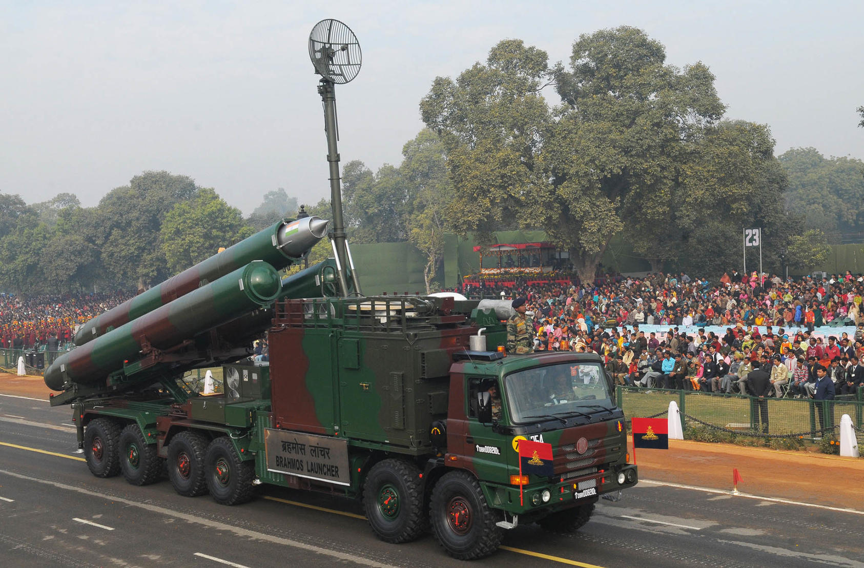 A Brahmos launcher during a rehearsal for the India’s 2011 Republic Day Parade. In 2021, an India Brahmos missile test misfired into Pakistani territory, sparking concerns of escalation between the rival nuclear powers. (Press Information Bureau)