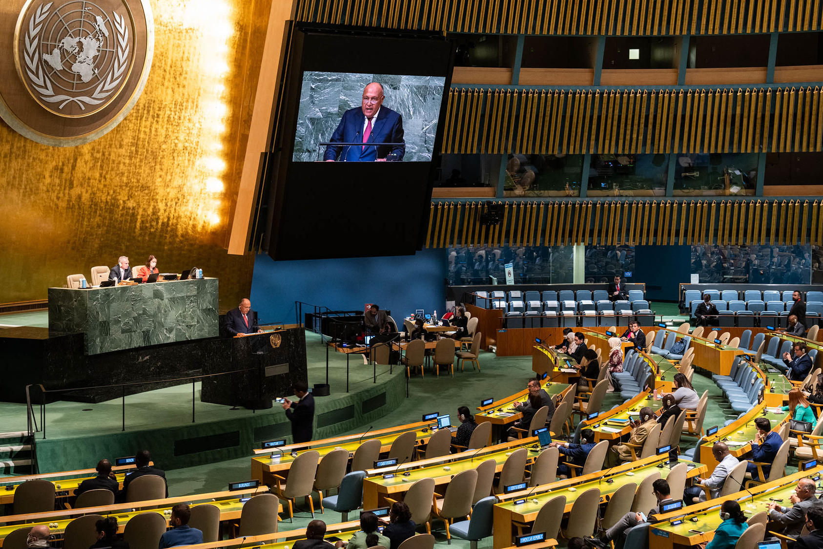 Egypt’s foreign minister delivers remarks at the U.N. General Assembly, Sept. 24, 2022. Nonaligned countries like Egypt have been reluctant to “take sides” between Russia and the West regarding the war in Ukraine. (Haiyun Jiang/The New York Times)