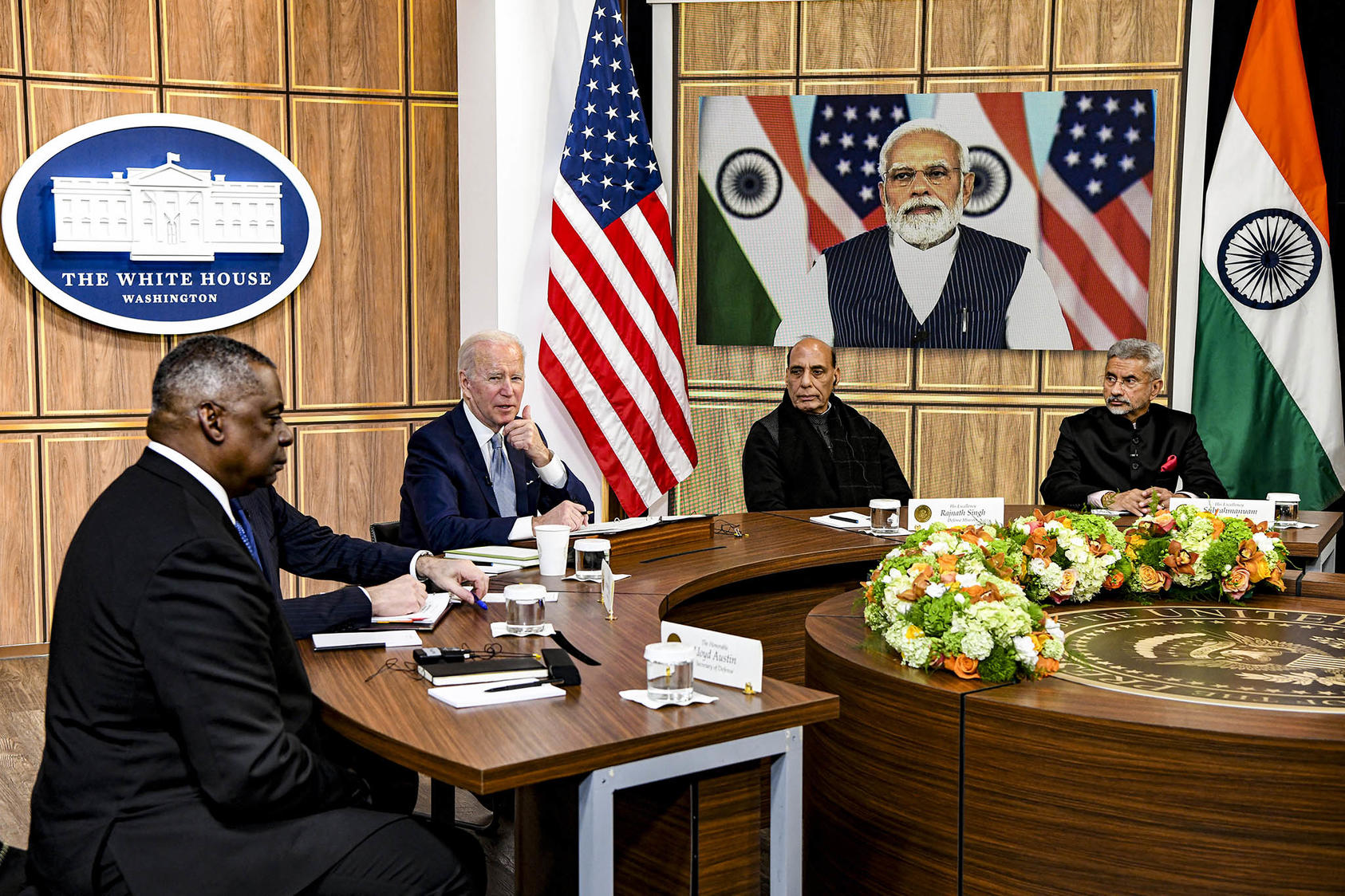 President Biden meeting with Indian Prime Minister Narendra Modi, April 11, 2022, joined by Defense Secretary Lloyd Austin and Indian Defense Minister Rajnath Singh and External Affairs Minister Subrahmanyam Jaishankar. (Kenny Holston/The New York Times)