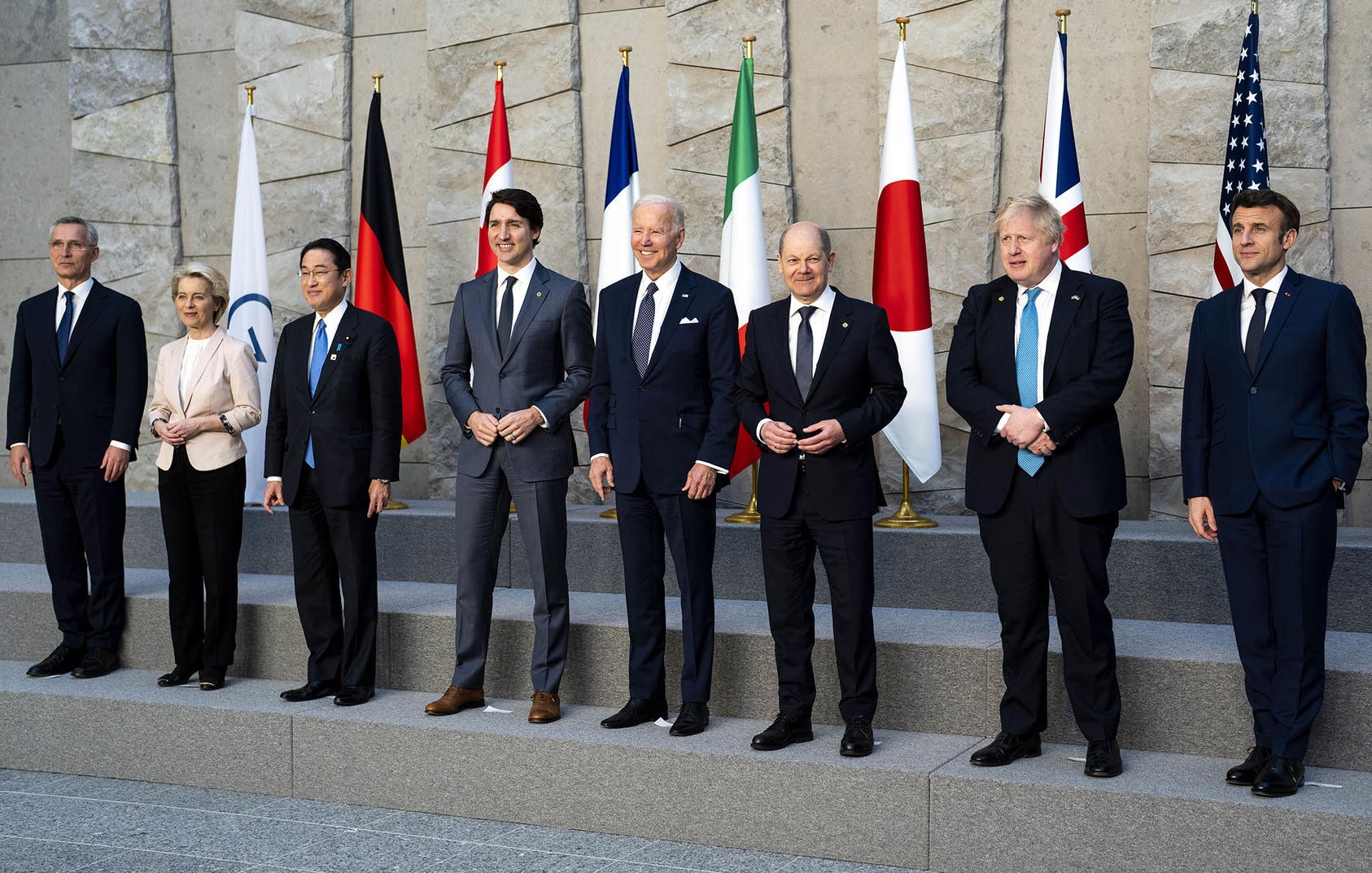 Japanese Prime Minister Kishida, third from left, poses for a group photo with world leaders at NATO headquarters in Brussels, Belgium. March 24, 2022. (Doug Mills/The New York Times)