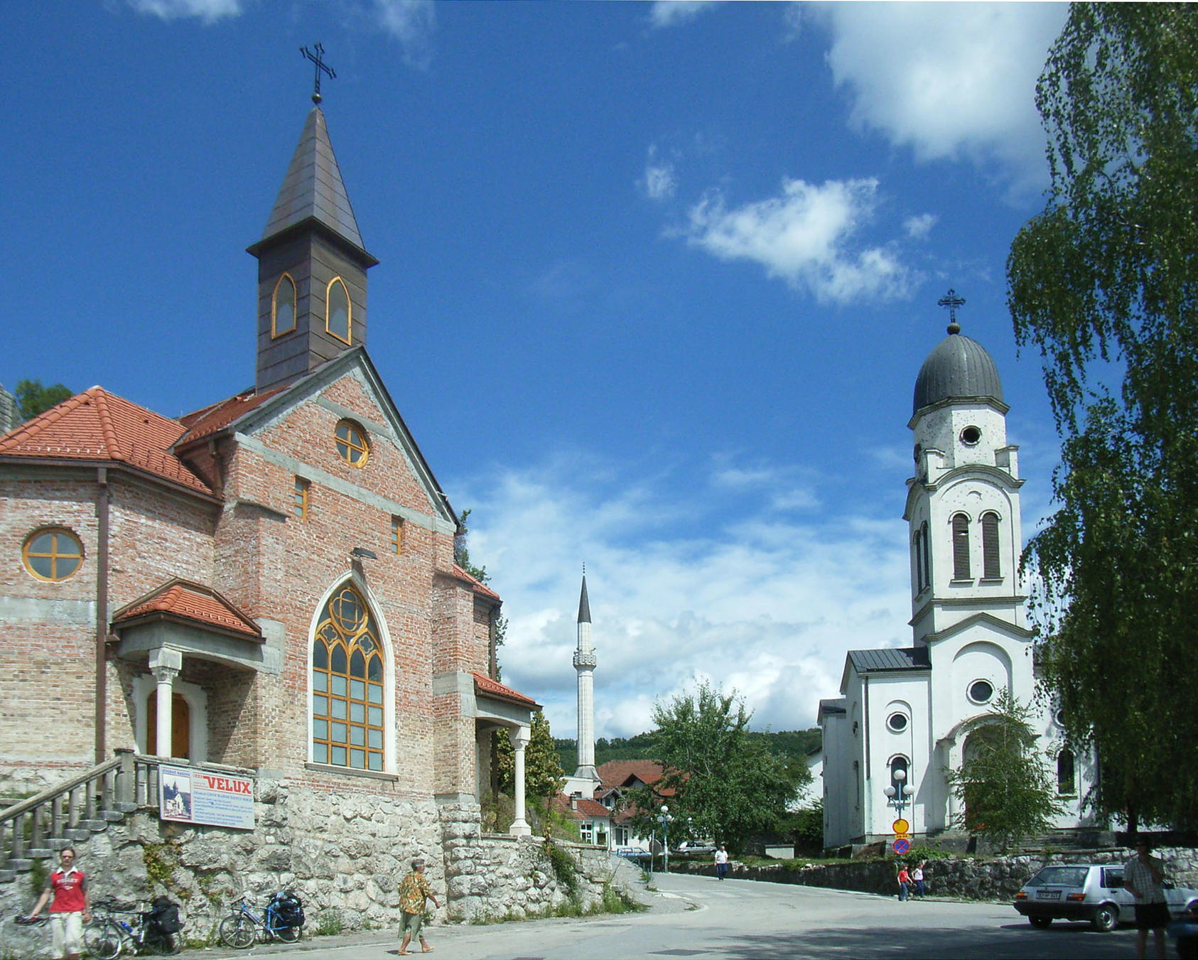 Catholic church, Mosque and Serbian Orthodox Church in Bosanska Krupa, Bosnia and Herzegovina