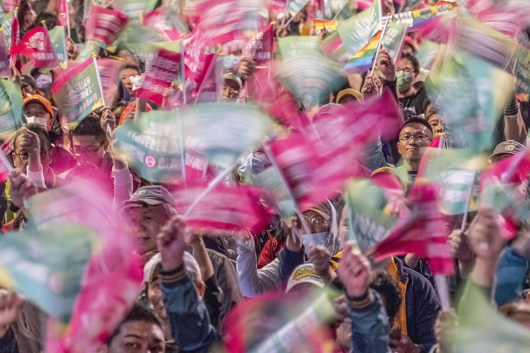 Supporters of Taiwan’s new president, Lai Ching-te of the Democratic Progressive Party, celebrate in Taipei, Taiwan, on Jan. 13, 2024. (Lam Yik Fei/The New York Times)