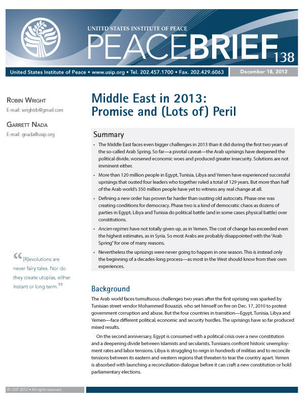 Peace Brief: Middle East in 2013: Promise and (Lots of) Peril