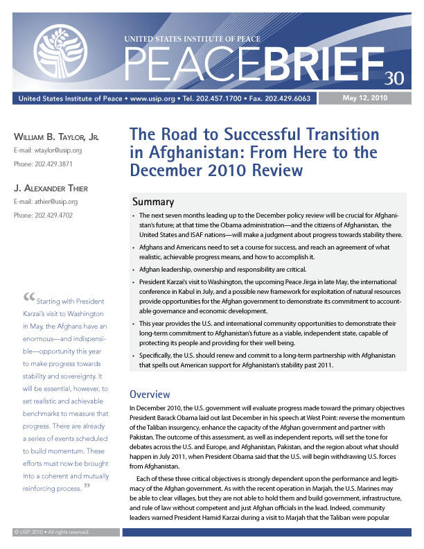 Peace Brief: The Road to Successful Transition in Afghanistan: From Here to the December 2010 Review