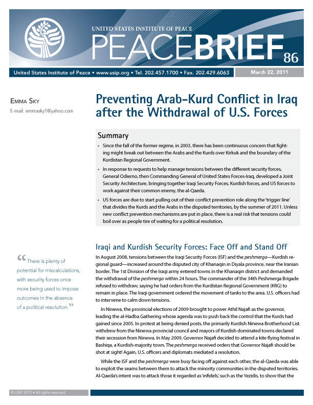 Peace Brief: Preventing Arab-Kurd Conflict in Iraq after the Withdrawal of U.S. Forces