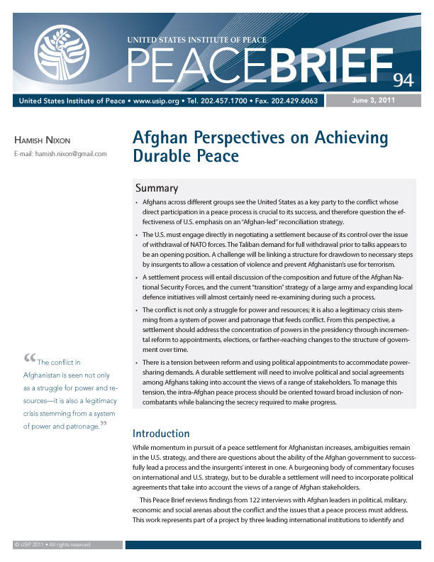 Peace Brief: Afghan Perspectives on Achieving Durable Peace