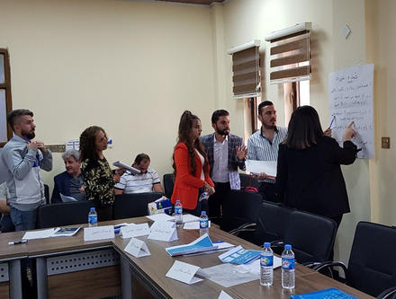 Community members in Tal Keif identify priority projects within the health sector during a workshop on participatory budgeting, Nov. 9, 2019.