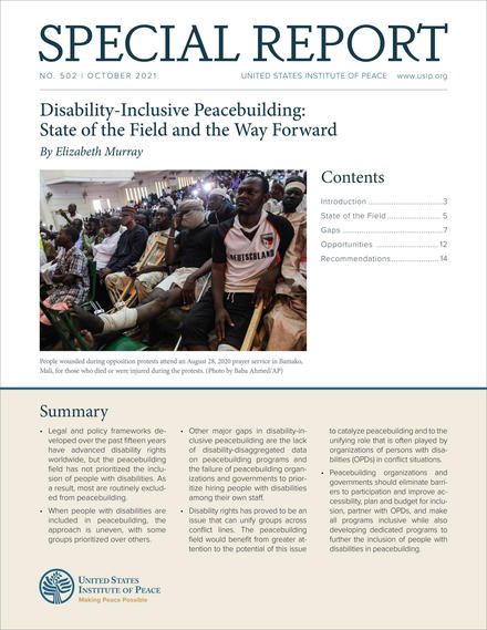 Cover of Special Report 502: Disability Inclusive Peacebuilding: State of the Field and the Way Forward
