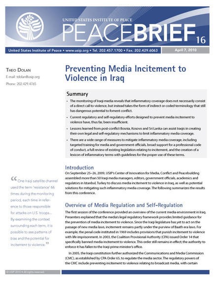 Peace Brief: Crisis in Mali: Preventing Media Incitement to Violence in Iraq