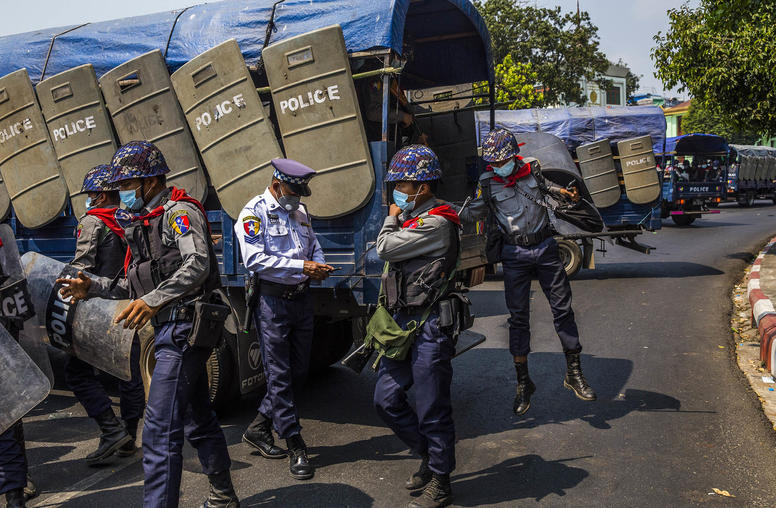 Riot police officers in Yangon, Myanmar, Feb. 22, 2021. (The New York Times)