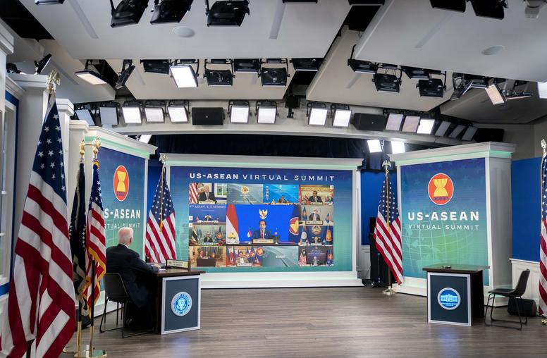 President Biden attends a virtual U.S.-ASEAN Summit meeting, Tuesday, Oct. 26, 2021. (Stefani Reynolds/The New York Times)