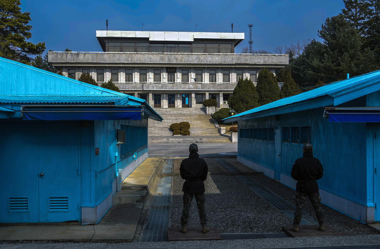 South Korean soldiers stand facing North Korea at the Joint Security Area at Panmunjom, in the Demilitarized Zone between North and South Korea, on Feb. 7, 2023. (Chang W. Lee/The New York Times)