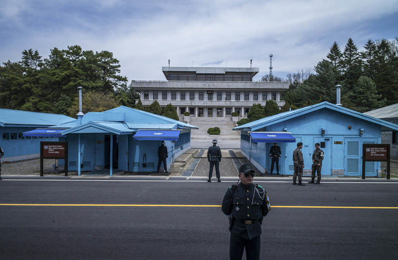 South Korean soldiers stand guard outside the meeting rooms that straddle the border with North Korea in Panmunjom, a so-called truce village, in the Demilitarized Zone, April 19, 2017. (Lam Yik Fei/The New York Times)